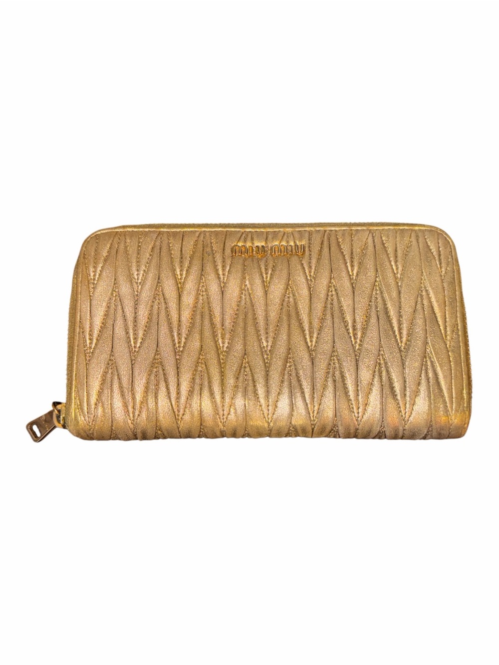 Authentic Miu Miu Matelassé Metallic Gold Leather Zip Around Wallet